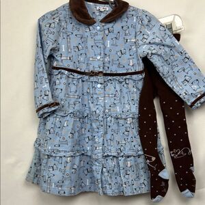 Le Top Blue corduroy with brown collar and dog print dress and tight set size 3T